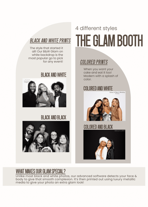 showing the different styles of glamour black and white photo booth options