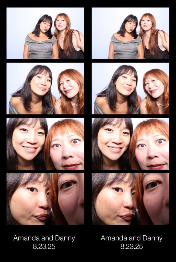 Enclosed Photo Booth 6 Four-photo booth strip of two women posing together against a white backdrop, making playful expressions and smiling in close-up shots, with event text reading “Amanda and Danny 8.23.25.”