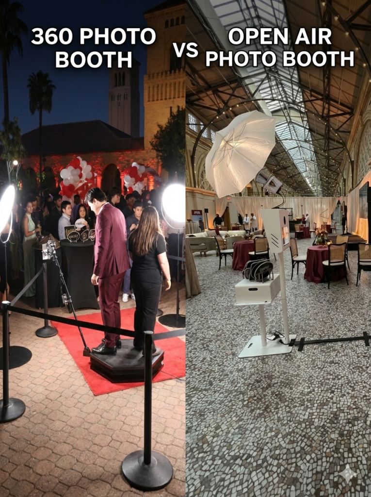A side-by-side comparison image featuring two popular event services. On the left, a 360 photo booth is showcased as a modern, transparent cylinder with bright vertical LED lighting and guests posing on a circular platform. On the right, an open-air photo station is displayed, featuring a sleek white kiosk with a large professional light, a festive balloon garland backdrop, and a group of friends smiling for a photo.