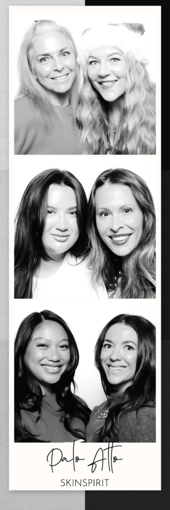 Enclosed Photo Booth 5 Three stacked black-and-white portraits of pairs of smiling guests in a narrow printed photo strip.