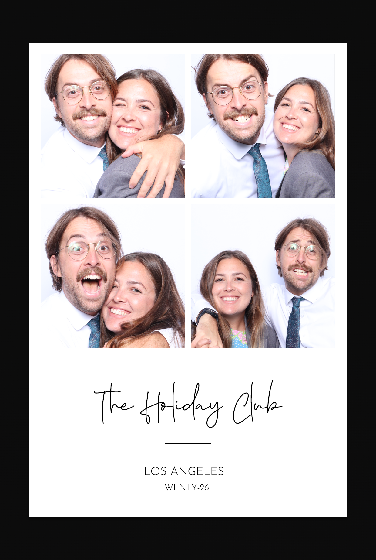 Four-photo booth collage of a smiling couple posing playfully together against a white studio backdrop, with event text reading “The Holiday Club, Los Angeles, Twenty-26.”