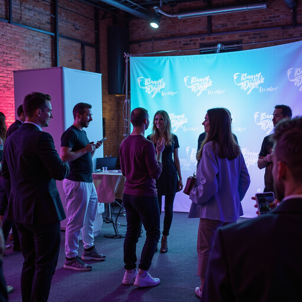 “Guests enjoying a branded photo booth rental against a custom logo backdrop at a lively brand activation event.” activation photo booth rental activation photo booth rental activation photo booth rental