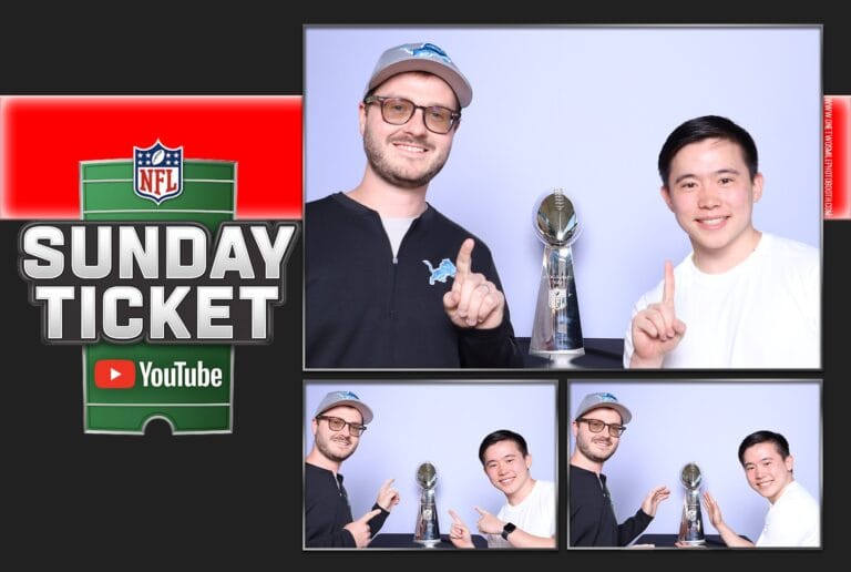 Case Studies 31 Two guests pose with a trophy in a three-photo collage beside YouTube and NFL Sunday Ticket branding.