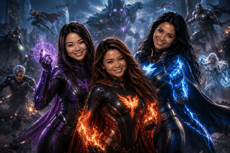 Three guests transformed into armored superheroes with purple, orange and blue energy effects.
