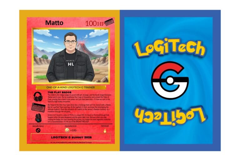 Front and back of a Logitech branded trading card, featuring a guest portrait, statistics and a blue card back.