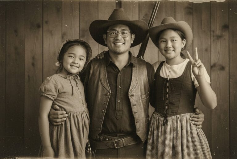 Three guests in cowboy hats and Western clothing, transformed into a sepia portrait outside a wooden building.