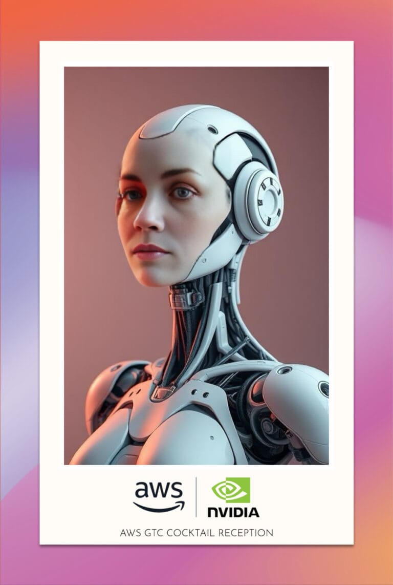 AI-generated silver humanoid robot portrait in an AWS and NVIDIA branded photo frame.