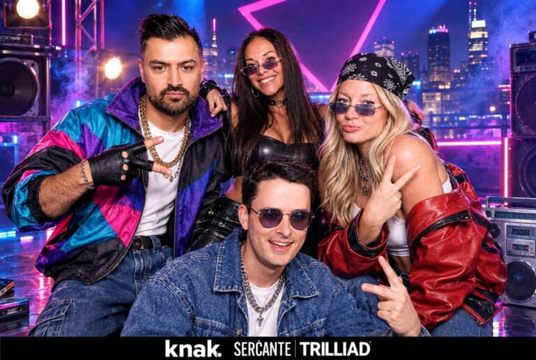 Four guests transformed into a rock band against a neon concert backdrop in a Knak branded AI portrait.