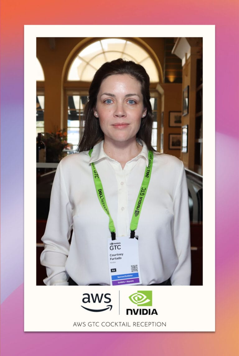 Guest wearing a green lanyard, shown in the original photograph for an AWS and NVIDIA AI portrait transformation.