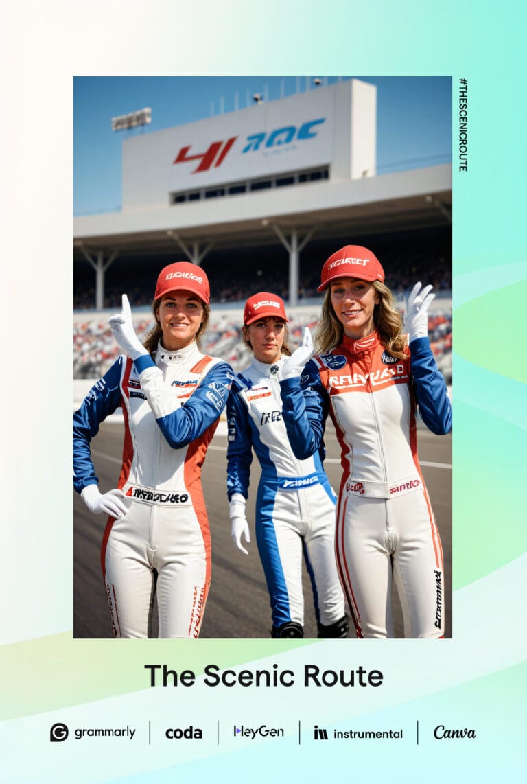Case Studies 30 Three guests transformed into racing drivers outside a pit garage in a branded The Scenic Route portrait.