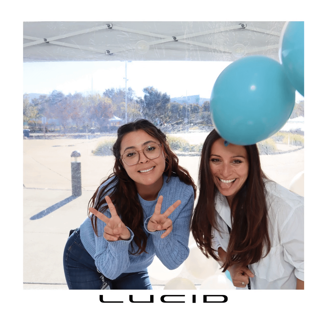 GIF and Boomerang Photo Booths: Examples and Event Planning Guide 1 Two guests change poses in a four-frame GIF with balloons and a Lucid-branded border.