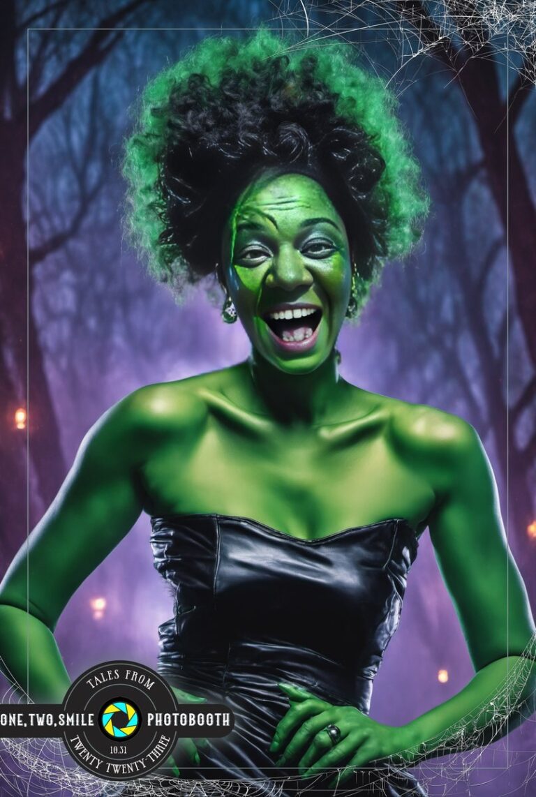 AI character portrait with green skin and a dark outfit.