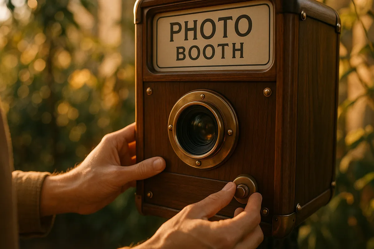 Photo Booth Rentals in San Lorenzo: Understanding the Unique Appeal of Photo Booths 1 A vintage photo booth camera with polished wood and brass details, softly lit by golden-hour light.