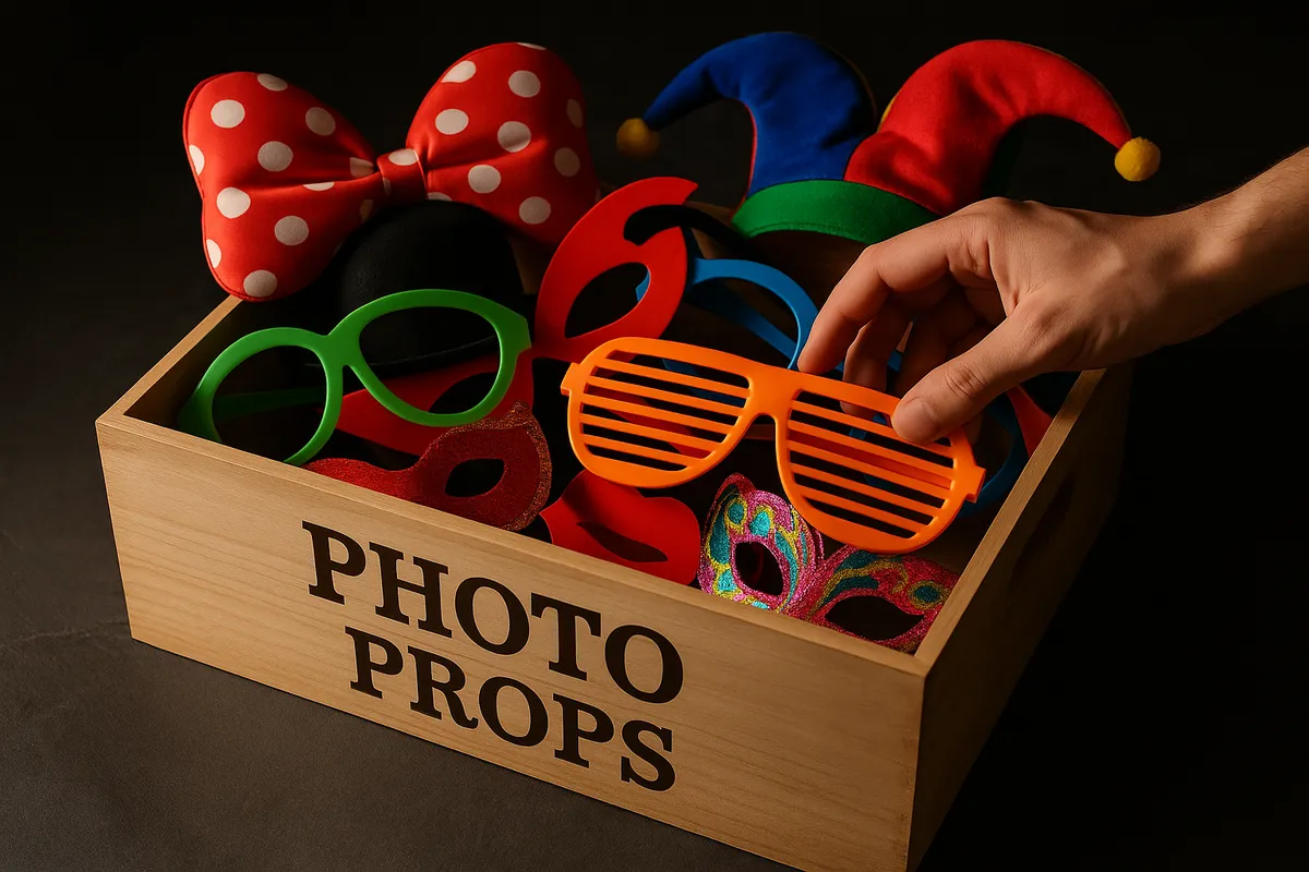 A hand sifts through a vibrant box of playful photo booth props, enhancing the corporate photo booth experience.