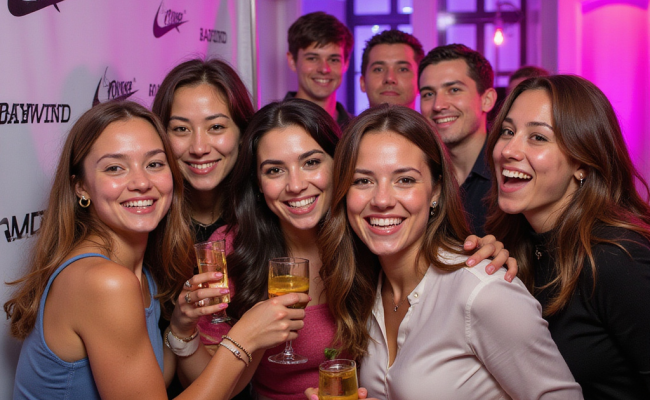 A group of guests laugh and pose in a colorful, branded photo booth in front of a custom logo backdrop at a lively brand activation event. activation photo booth rental activation photo booth rental activation photo booth rental